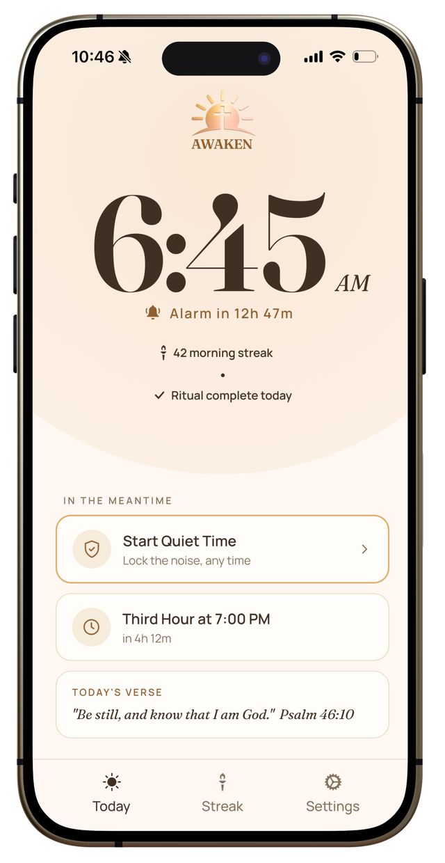 Awaken home screen: 42 morning streak, ritual complete today