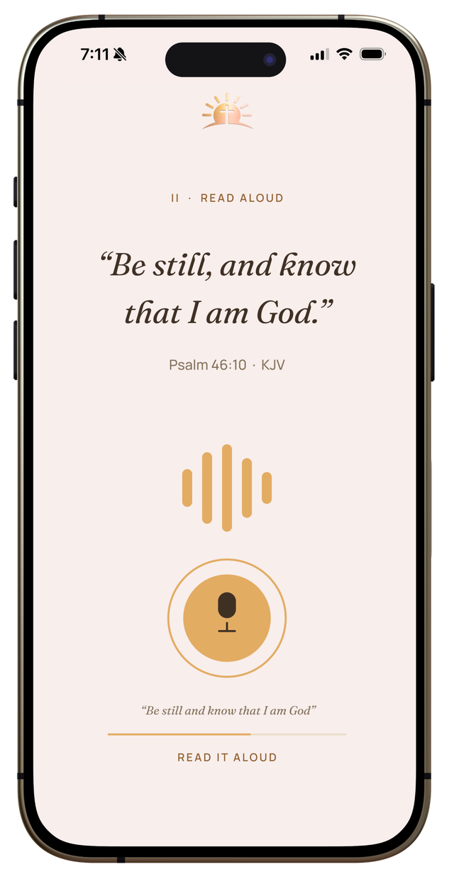 Awaken verse screen: read Psalm 46:10 aloud to stop the alarm